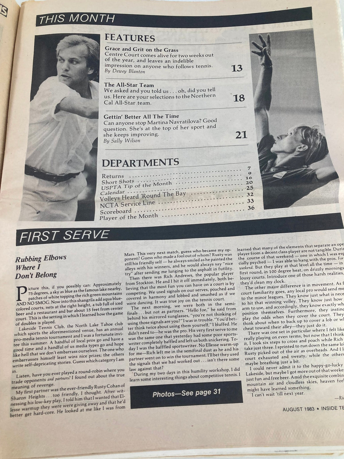 Table of contents page of Inside Tennis Magazine August 1983, featuring articles like 'The All-Star Team' and editorial insights, showcasing the magazine's content layout.