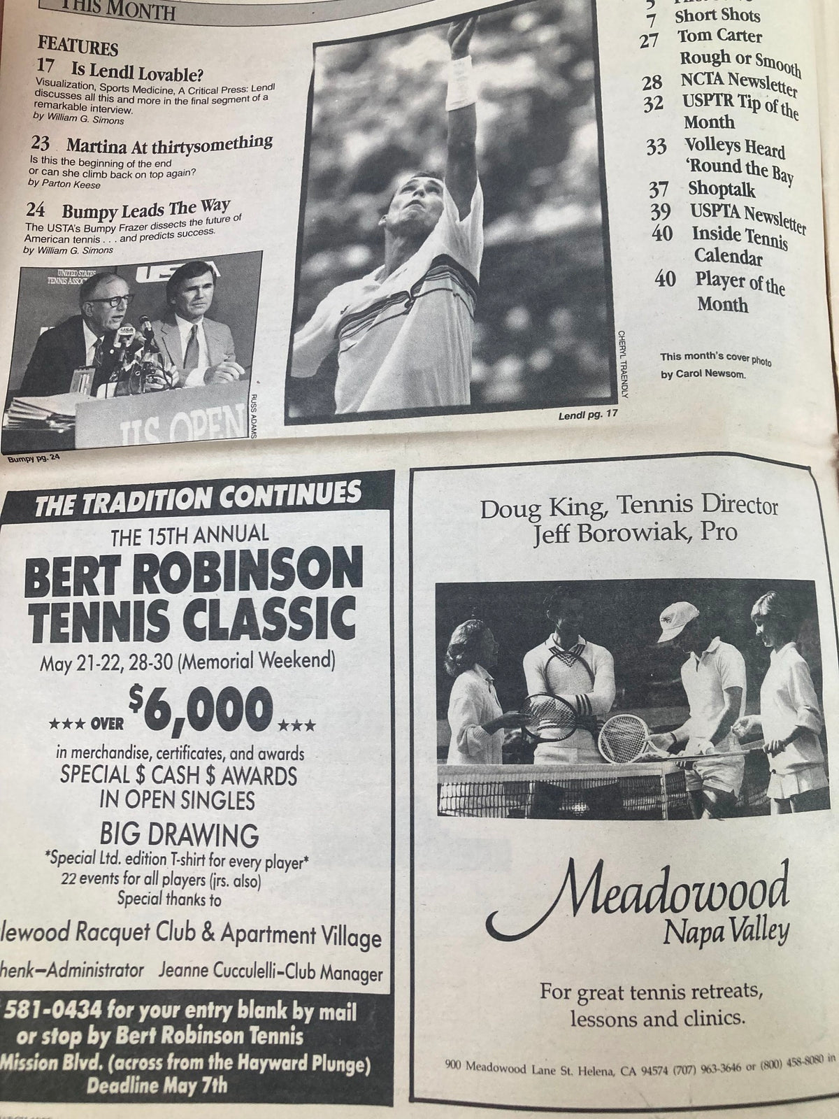 Interior page of Inside Tennis Magazine, March 1988, featuring articles on Martina Navratilova and other tennis topics, reflecting the historical elements of tennis culture in the 1980s.
