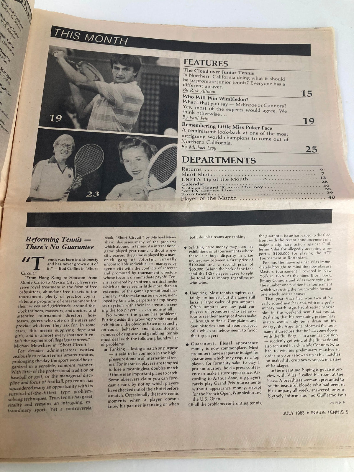 Inside page of Inside Tennis Magazine, July 1983, showcasing the contents layout and feature articles related to Wimbledon, including player profiles and analysis.