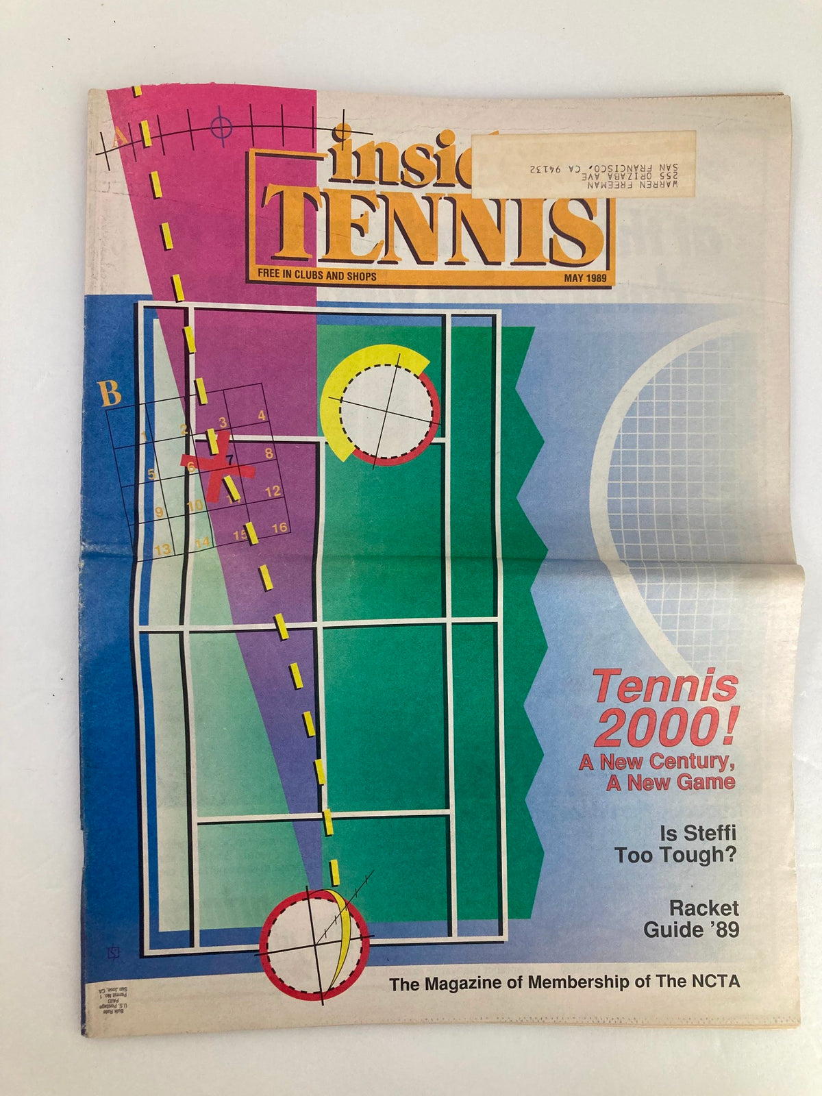 Cover of VTG Inside Tennis Magazine May 1989 titled 'Tennis 2000: A New Century, A New Game' featuring colorful geometric graphics and a tennis court design.