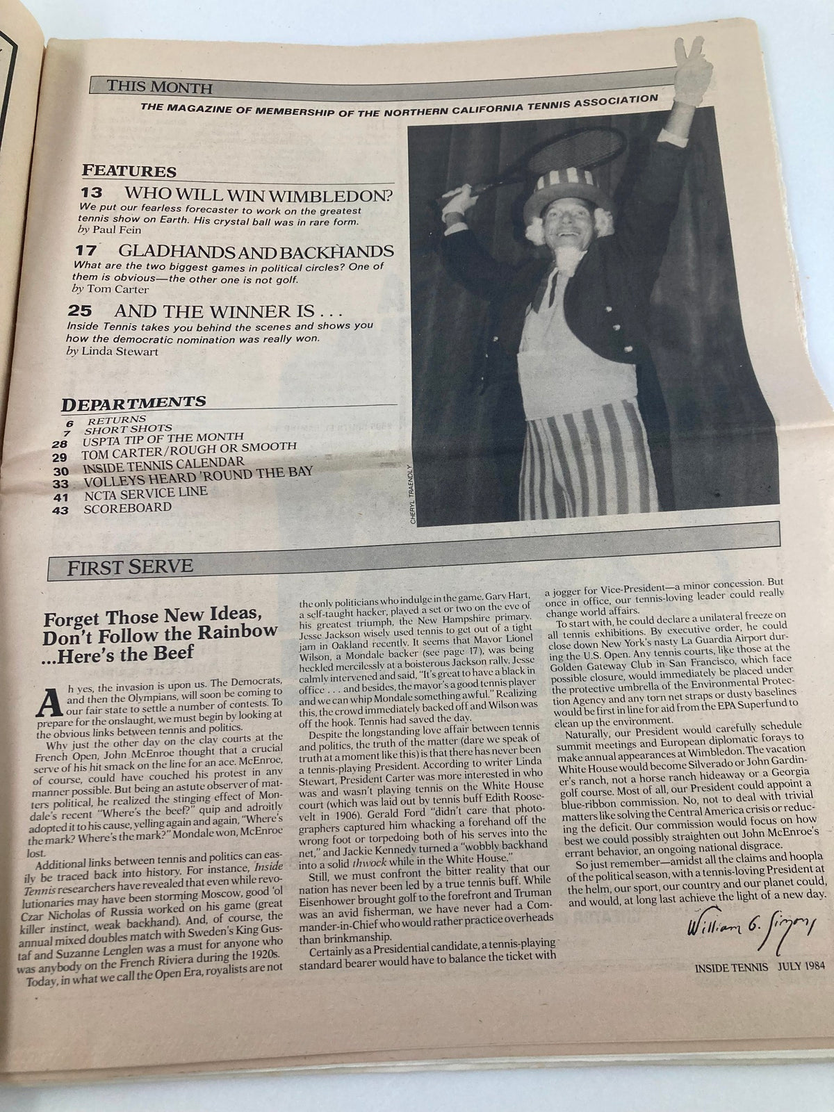 Inside page of VTG Inside Tennis Magazine July 1984 displaying the table of contents, including featured articles such as 'Who Will Win Wimbledon?' and 'Gladhands and Backhands'.
