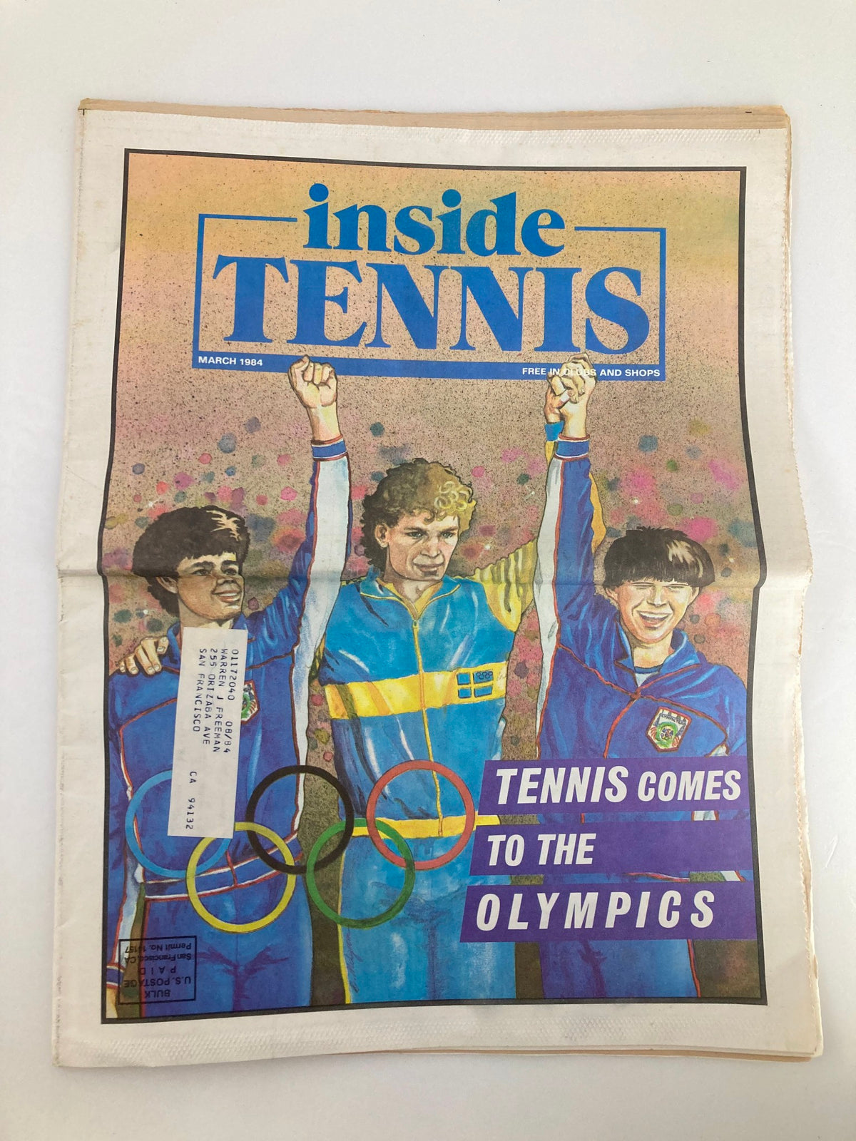 Vintage Inside Tennis Magazine cover from March 1984 titled 'Tennis Comes To The Olympics', featuring three athletes celebrating with raised fists and Olympic rings.