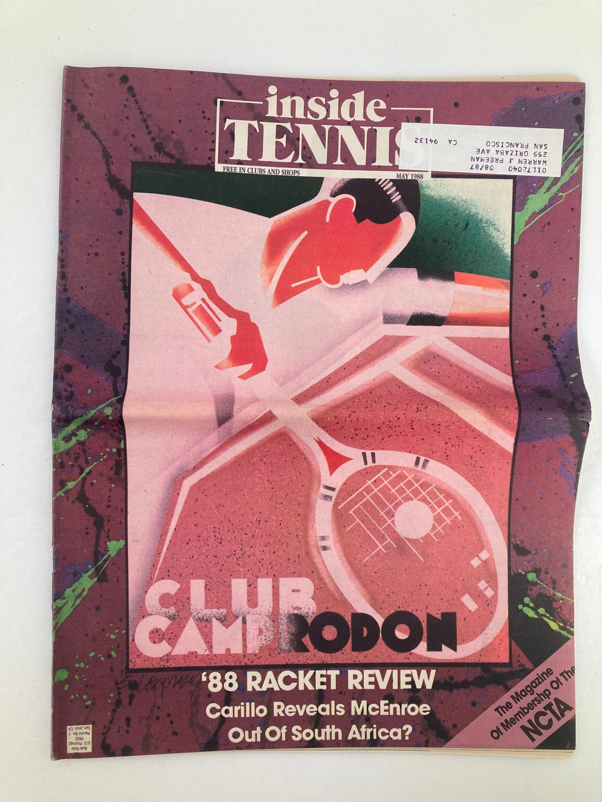 Cover of Inside Tennis Magazine May 1988 featuring the title 'VTG Inside Tennis Magazine May 1988 Carillo Reveals McEnroe Out of South Africa' with a colorful artistic design and prominent text.