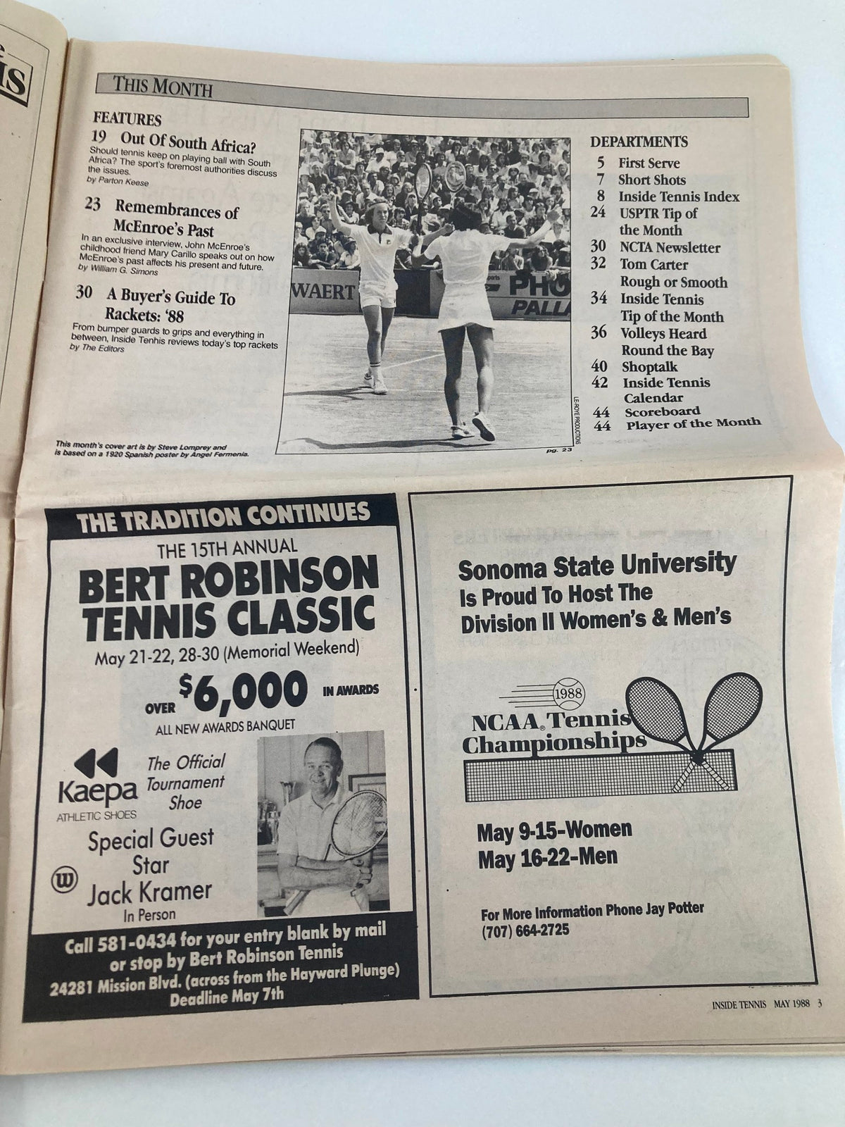 Inside page of Inside Tennis Magazine May 1988 displaying featured articles including 'Out Of South Africa?' and 'Remembrances of McEnroe's Past', highlighting the engaging content relevant to tennis enthusiasts.