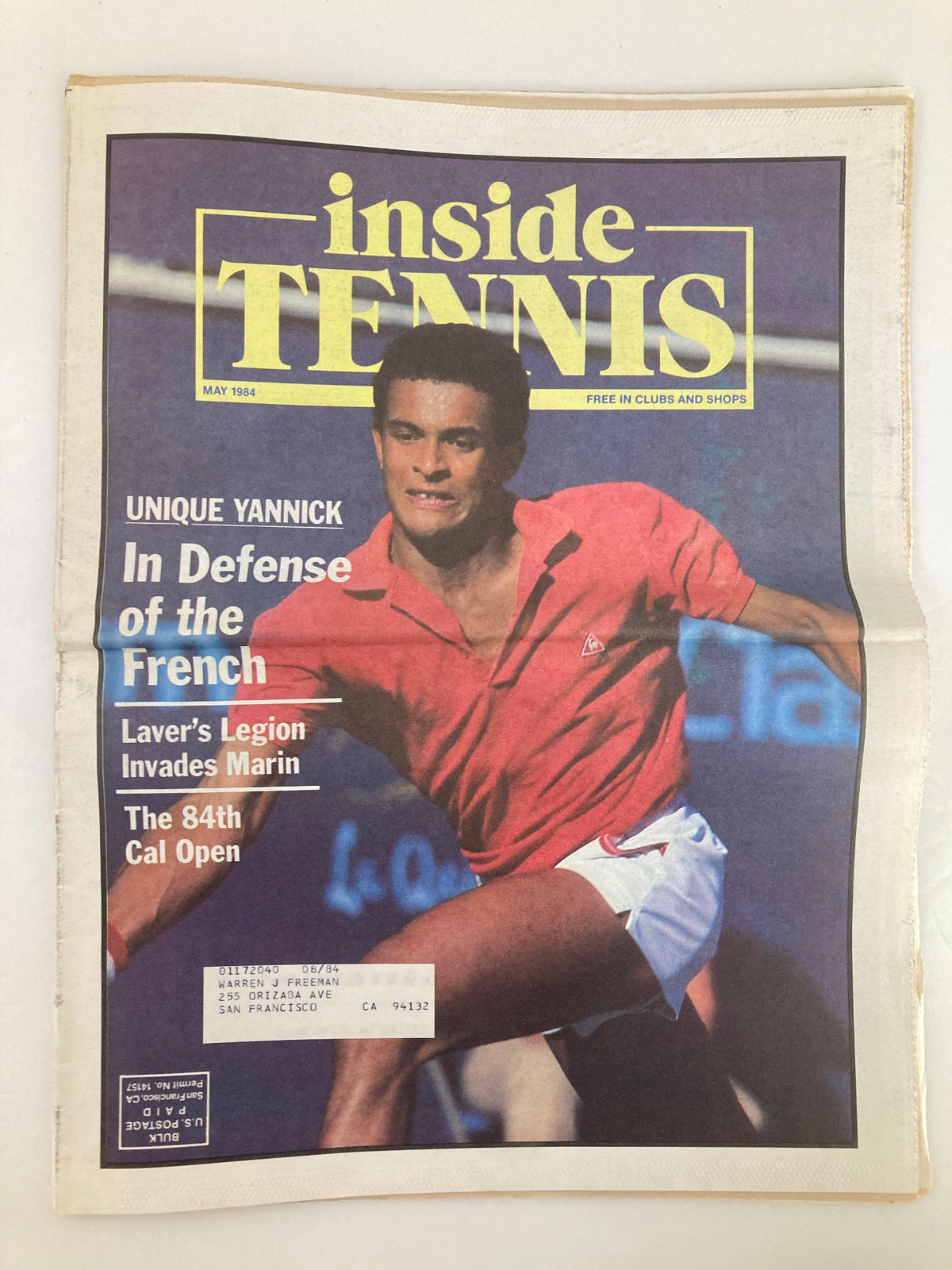 Cover of Inside Tennis Magazine May 1984 featuring Yannick Noah with the headline 'Unique Yannick In Defense of the French'. The magazine highlights the Cal Open and Laver's Legion Invades Marin.