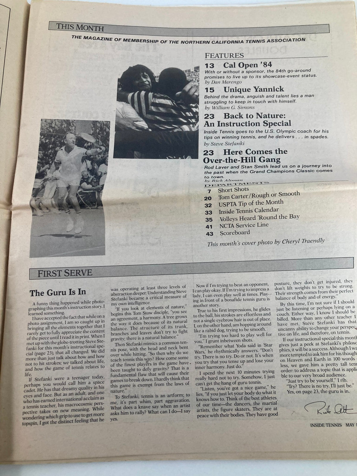 Interior page of Inside Tennis Magazine May 1984 showcasing features including 'Cal Open' and 'Unique Yannick'. The layout presents article titles and images relevant to the tennis community.