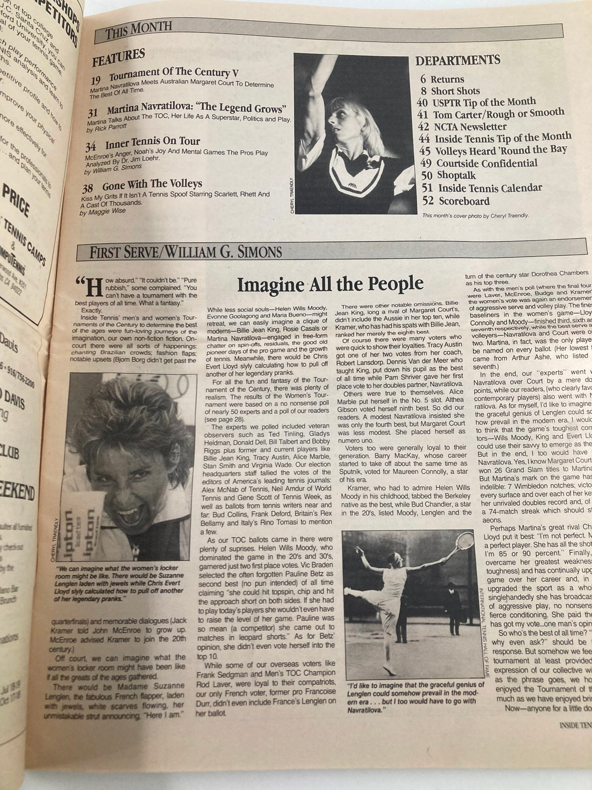 Inside pages of the May 1987 Inside Tennis Magazine, featuring an article about Martina Navratilova titled 'Martina Navratilova: The Legend Grows' alongside a photo of her in action.