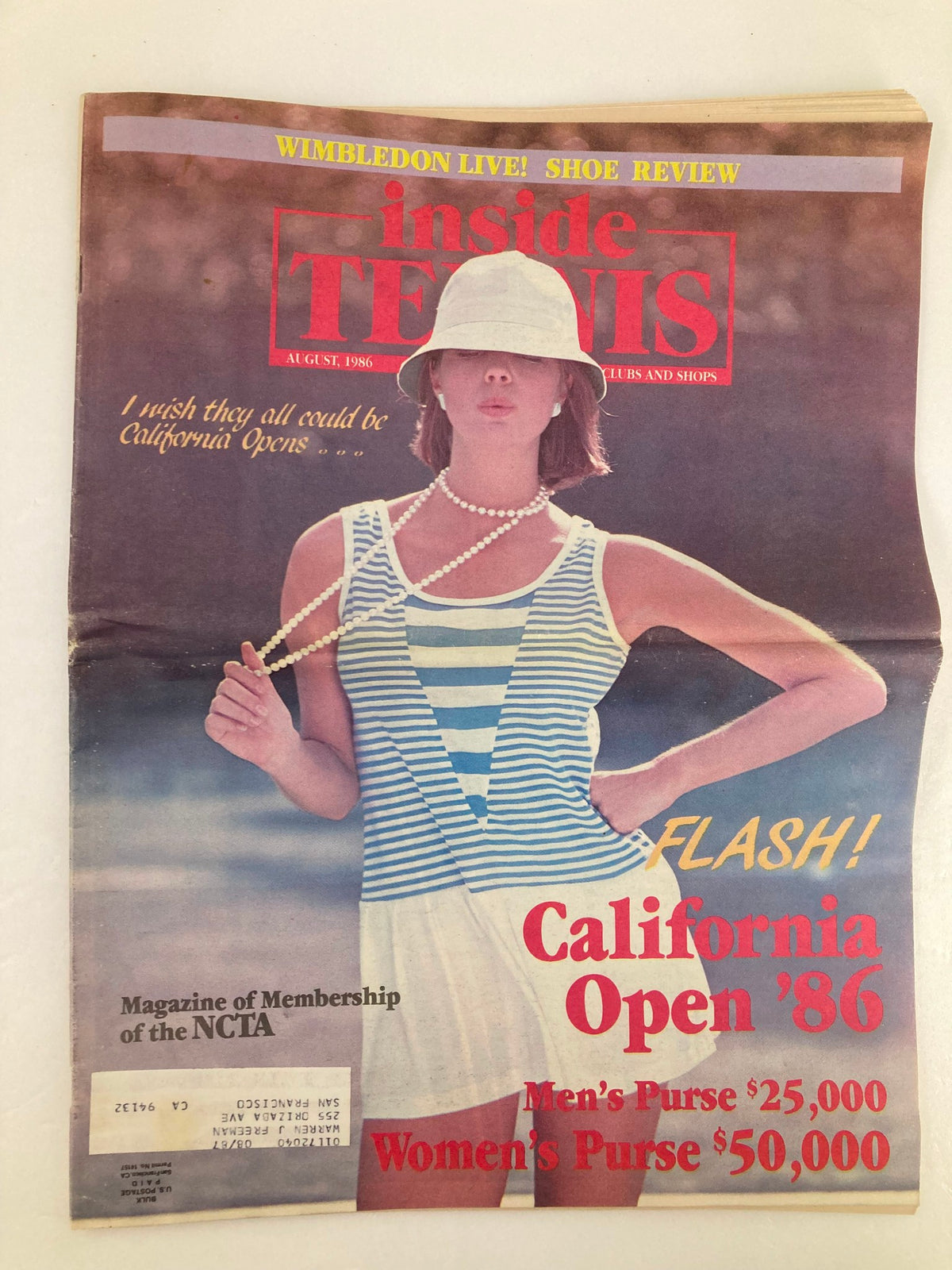 VTG Inside Tennis Magazine August 1986 featuring California Open cover with a model wearing a hat and necklace, promoting the tennis tournament.