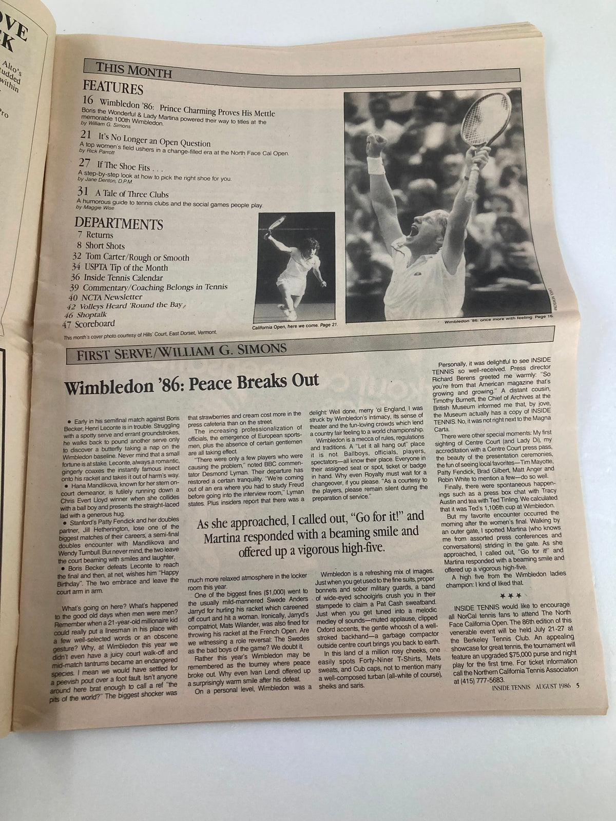Inside Tennis Magazine August 1986 page featuring articles on Wimbledon 1986 with highlights of the tournament and player performances.