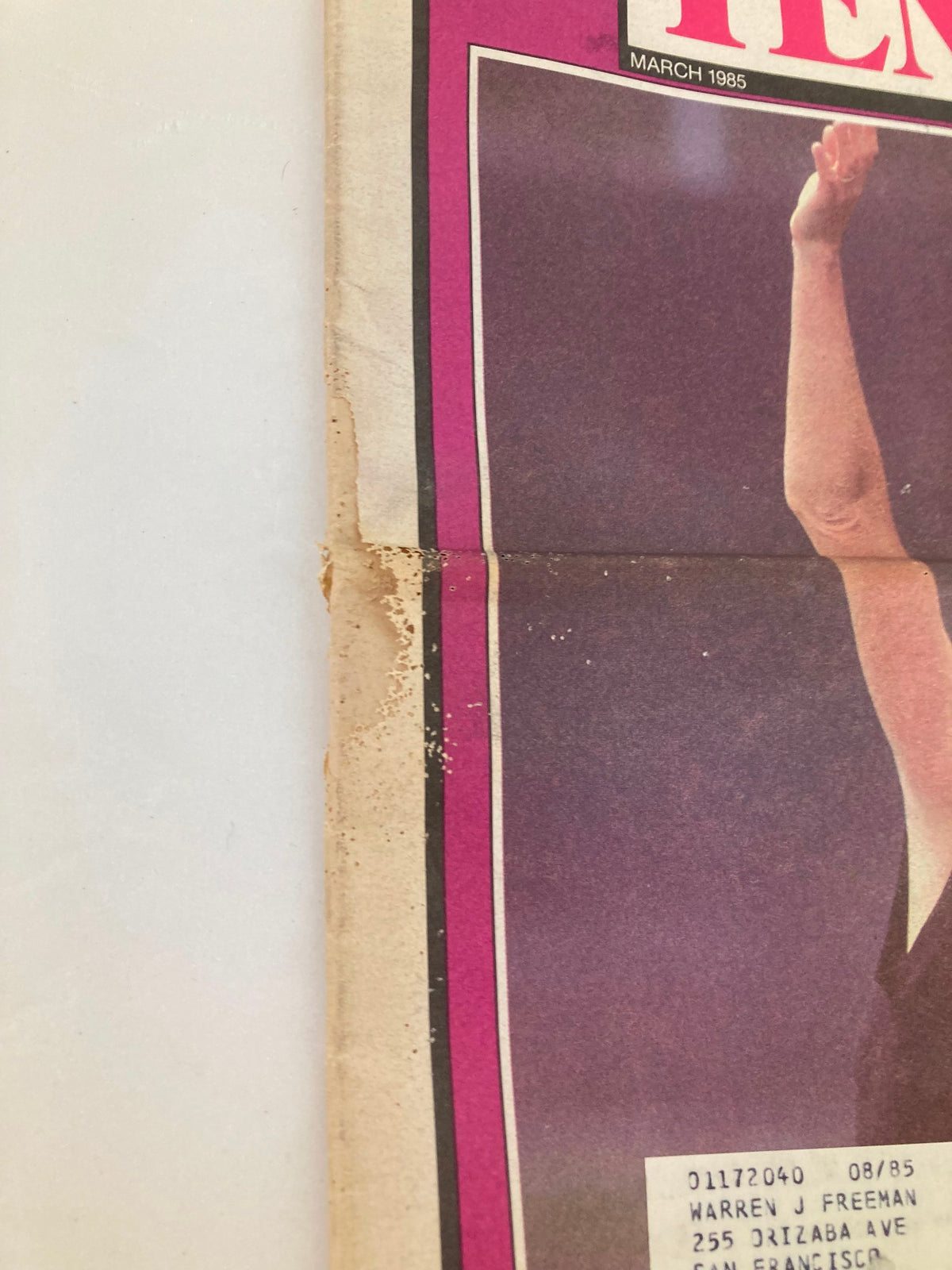 Close-up view of the March 1985 VTG Inside Tennis Magazine depicting the side of the cover with visible wear and an address label, emphasizing its vintage condition.