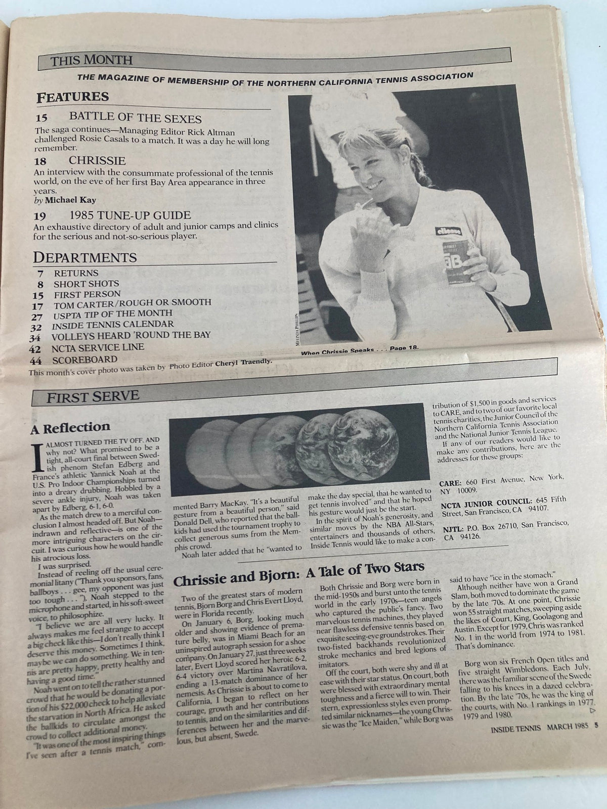 Inside pages of the March 1985 issue of Inside Tennis Magazine showcasing features about Chrissie Evert and other tennis-related articles.