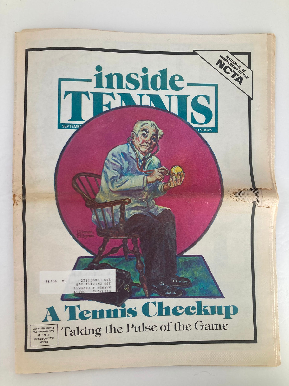 Cover of Inside Tennis Magazine September 1988 titled 'Taking the Pulse of the Game' featuring an illustration of a doctor examining a tennis ball. Suitable for collectors and tennis enthusiasts.