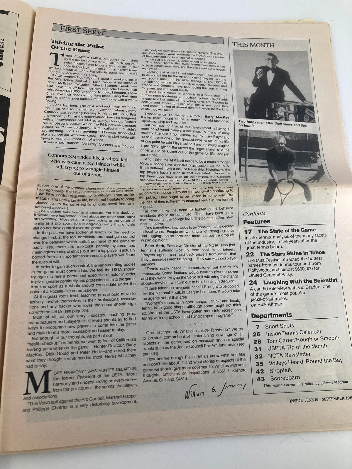Inside page of Inside Tennis Magazine September 1988 featuring an editorial section titled 'Taking the Pulse of the Game' discussing tennis events and insights relevant to that era.