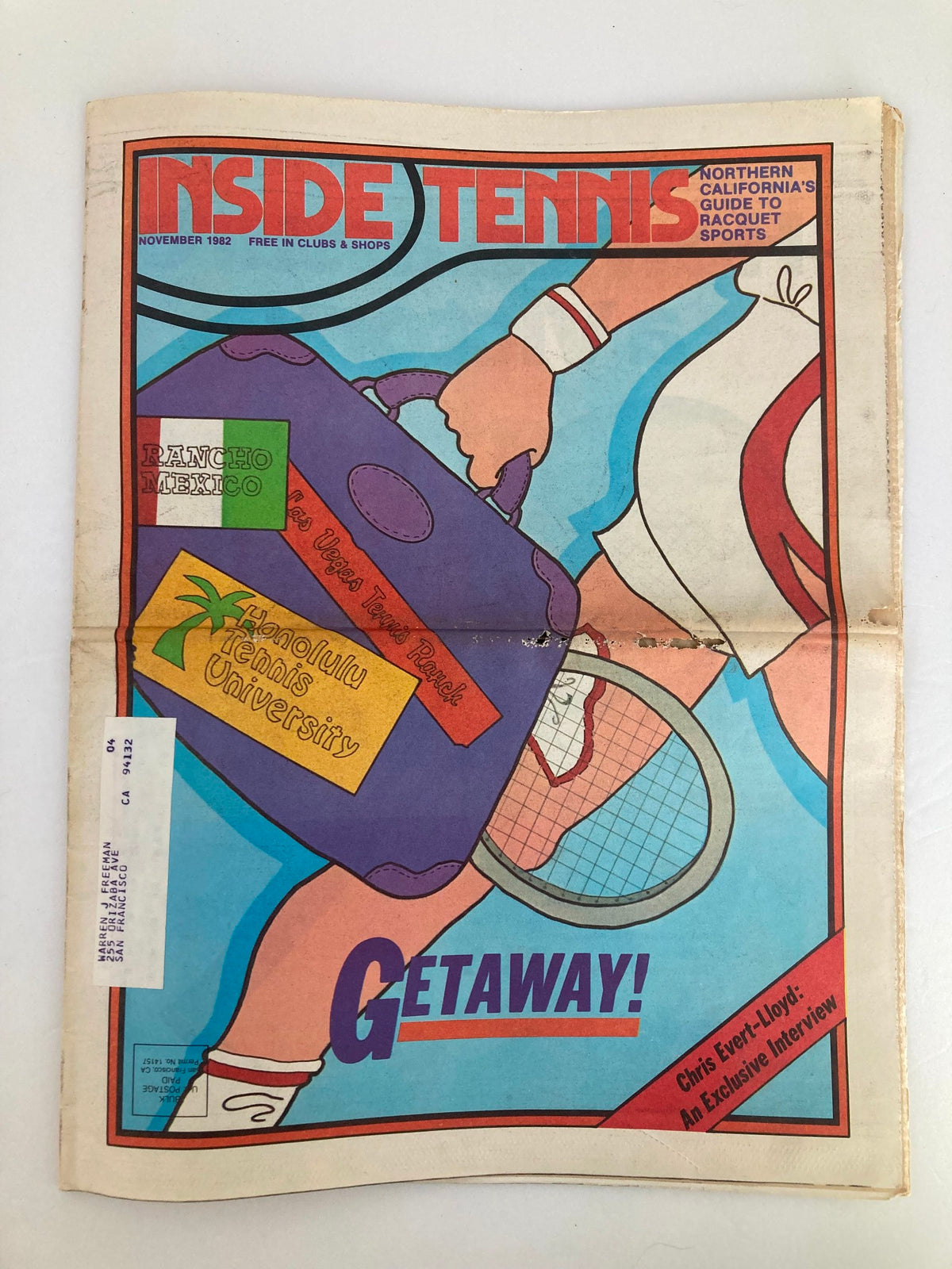 Cover of Inside Tennis Magazine, November 1982 featuring an illustration of a player with a tennis racket and a suitcase, highlighting an exclusive interview with Chris Evert-Lloyd.