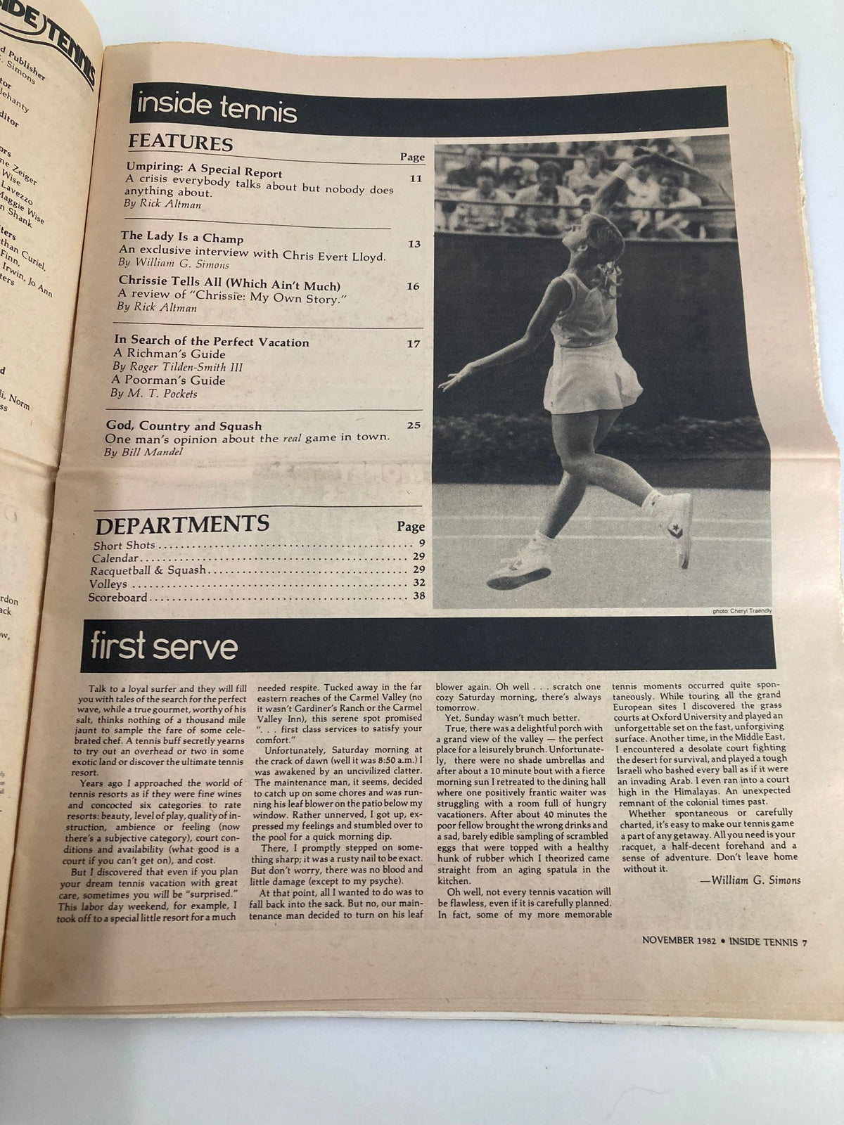 Interior page of Inside Tennis Magazine November 1982, displaying the contents section with an exclusive feature on Chris Evert-Lloyd.