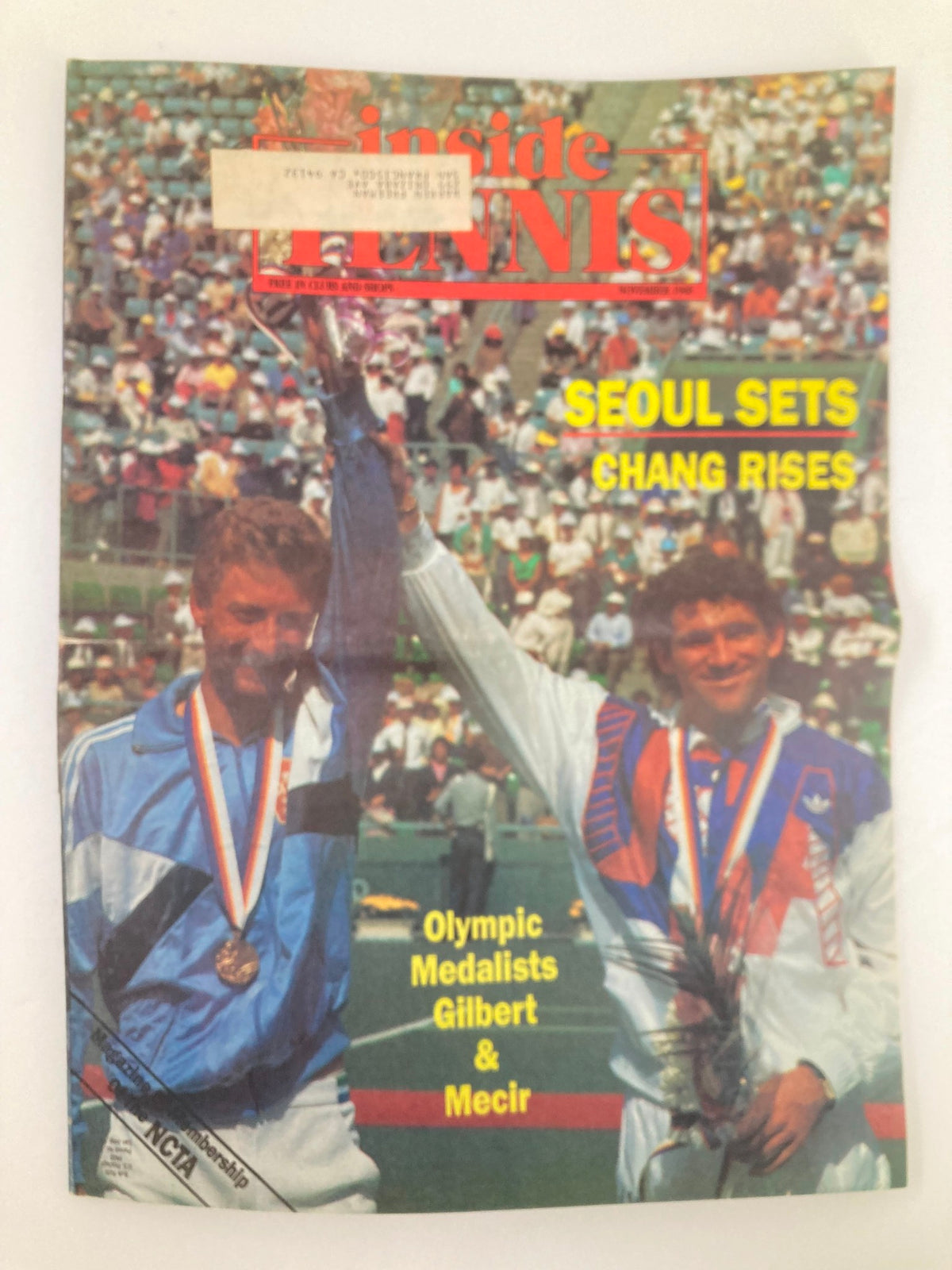 VTG Inside Tennis Magazine cover from November 1988 featuring Olympic medalists Gilbert and Mecir celebrating at the Seoul Olympics.