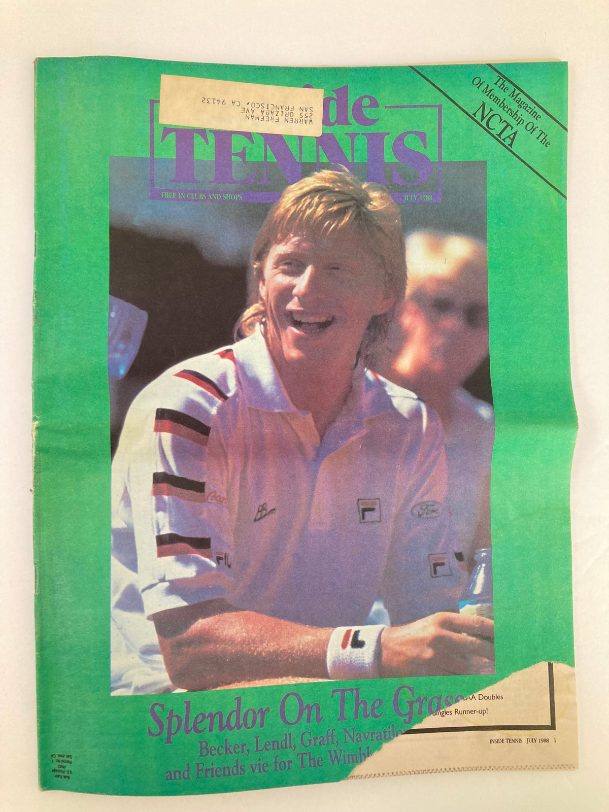 Cover image of Inside Tennis Magazine July 1988 featuring the title 'Splendor On The Grass', showcasing a smiling tennis player, reflecting the vibrant spirit of tennis during a transformative era.
