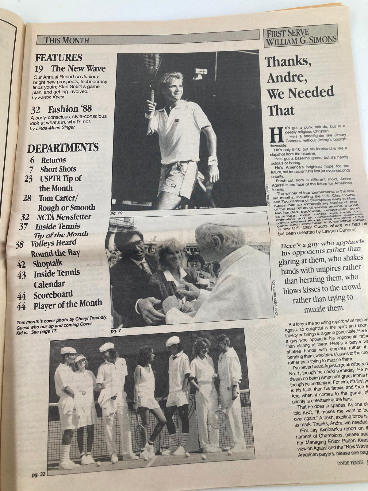 Interior page of Inside Tennis Magazine June 1988 showcasing features and articles including 'Fashion Flash '88'. The page presents a mix of tennis-related content, emphasizing the youth and emerging players in the sport.