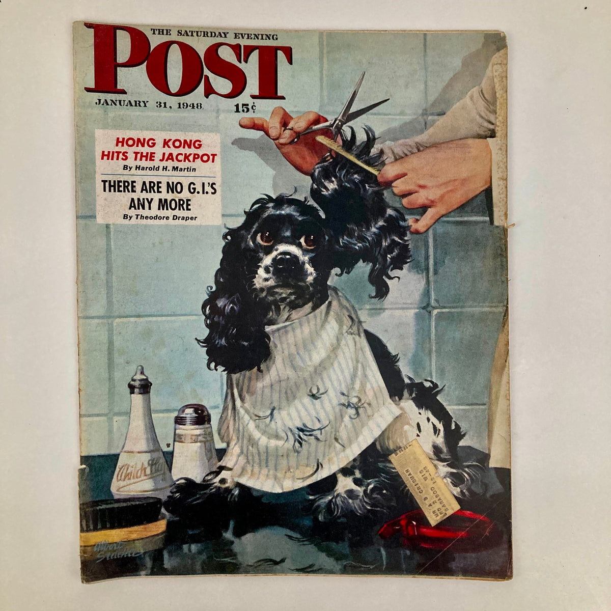 Cover of Saturday Evening Post Magazine from January 31, 1948 featuring an illustrated image of a dog getting a haircut, highlighting artistry by Al Staehle.