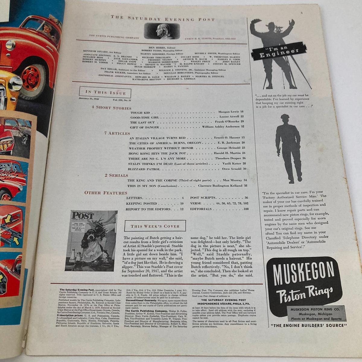 Interior page of Saturday Evening Post Magazine January 31, 1948, displaying the contents and features including an article about the illustrated cover 'Butch'.