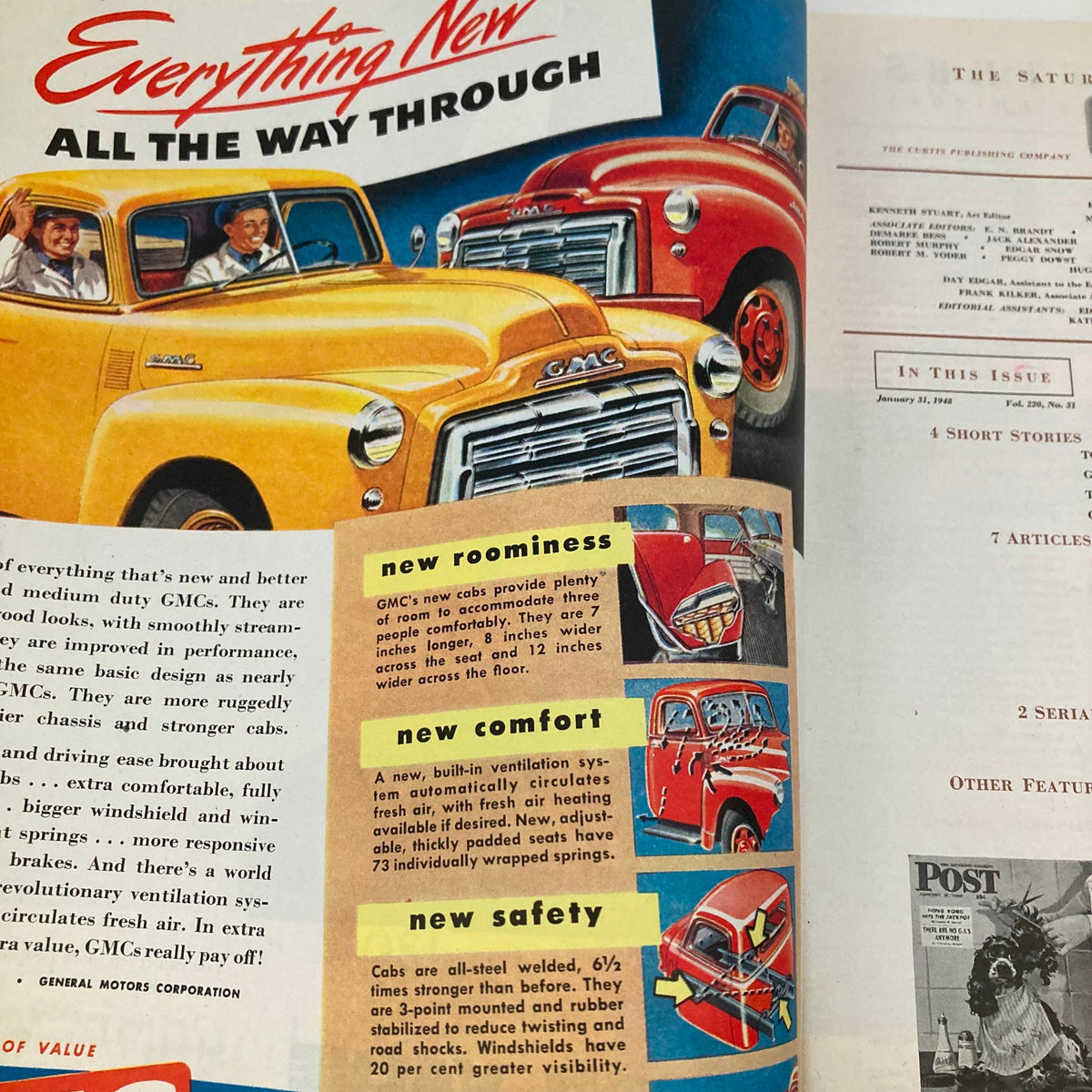 Another interior page of Saturday Evening Post Magazine dated January 31, 1948 showcasing advertisements and features related to GMC trucks.