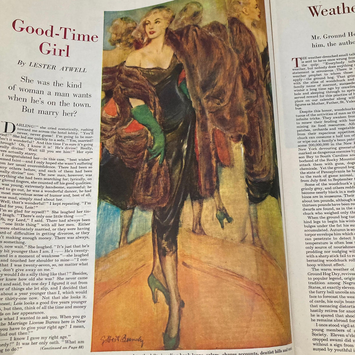 An interior illustration in Saturday Evening Post Magazine January 31, 1948 depicting a glamorous woman in an elegant dress, indicative of the art style of the time.