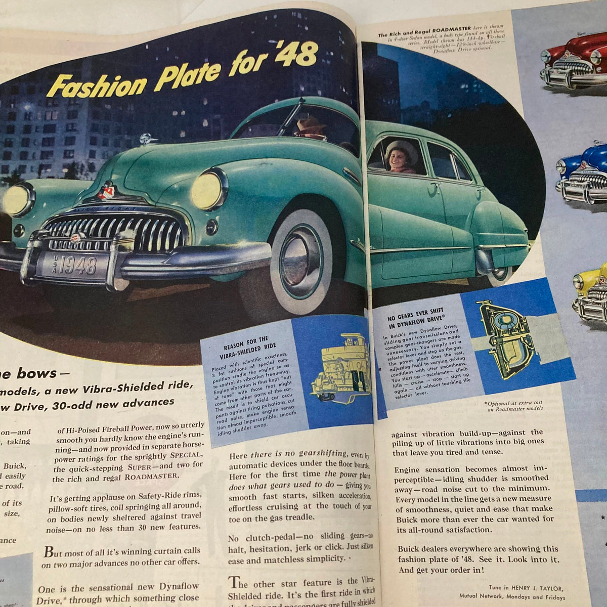 Vintage advertisement featuring a green Buick Roadmaster car with the headline 'Fashion Plate for 48'. This image is part of the Saturday Evening Post Magazine from January 31, 1948, showcasing automobile advancements of the era.