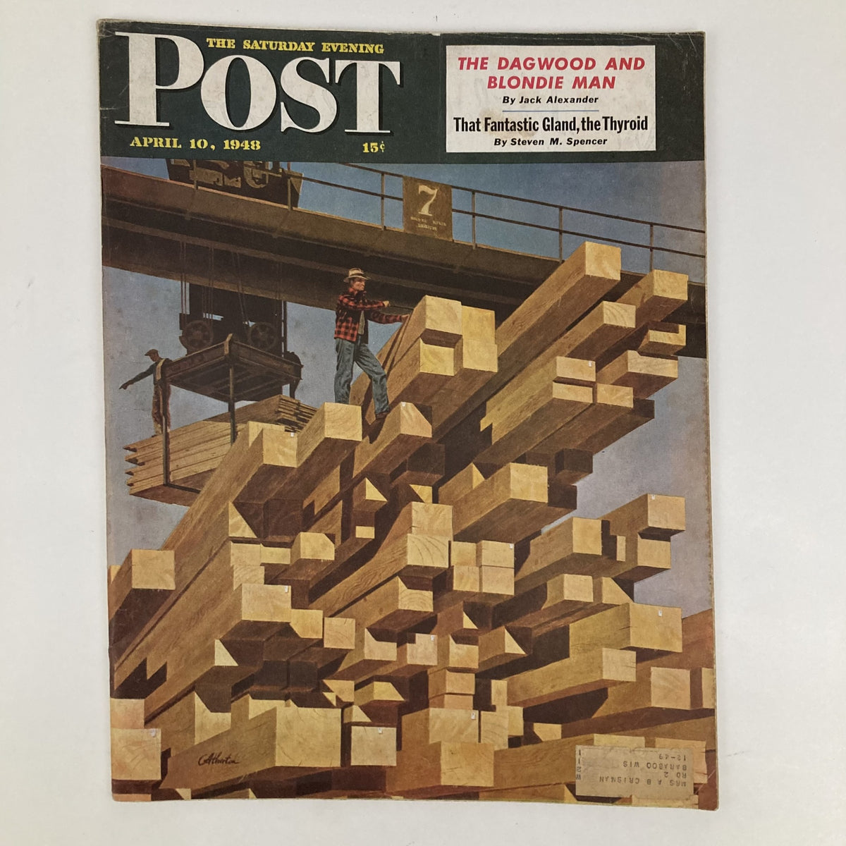 Saturday Evening Post Magazine April 10 1948 Illustrated Cover by John Atherton featuring a construction scene with workers and lumber.