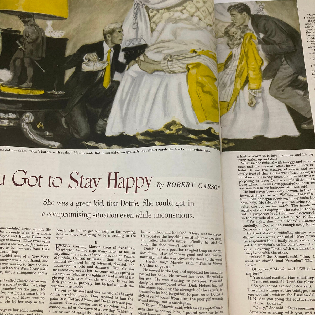Story page from Saturday Evening Post Magazine April 10 1948 titled 'You Got to Stay Happy' by Robert Carson with an accompanying illustration.
