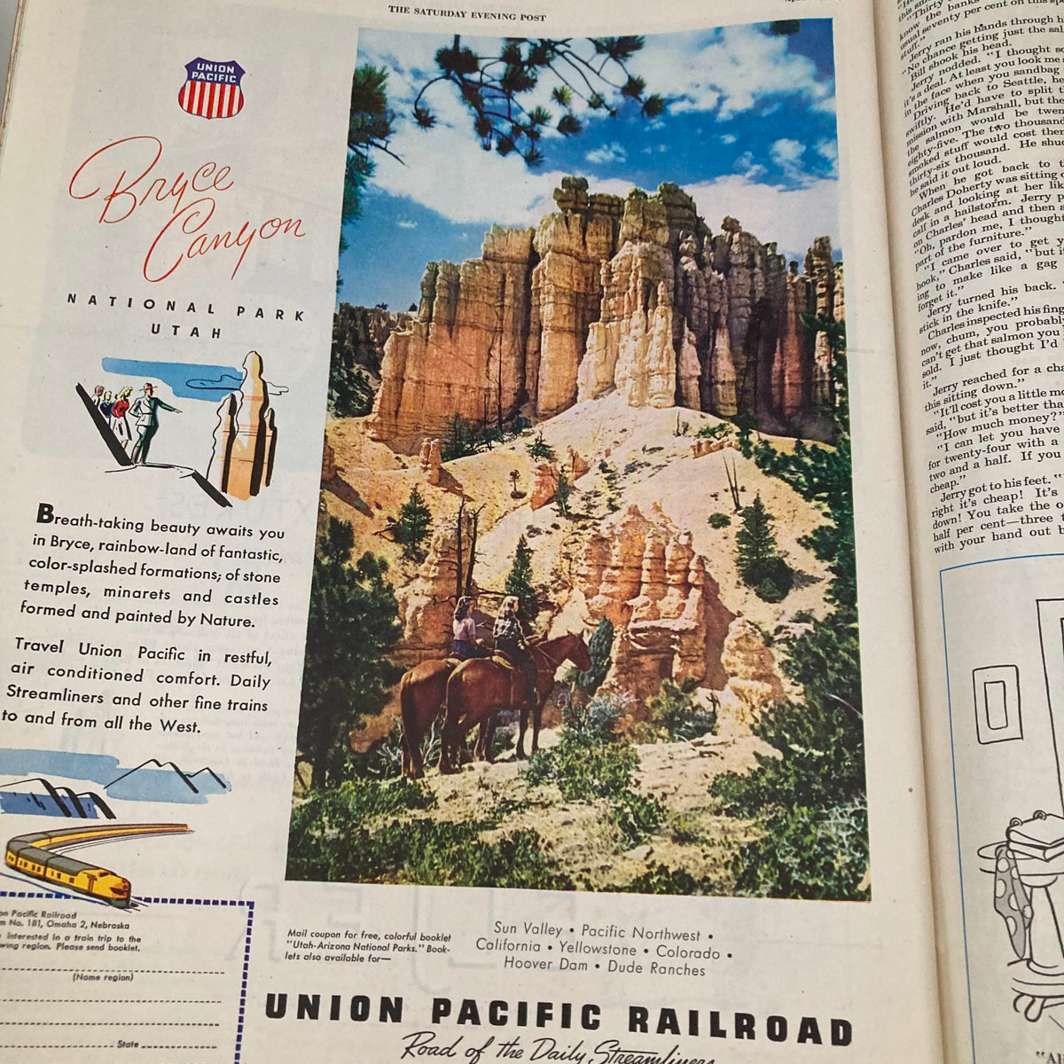 Saturday Evening Post April 10 1948 Illustrated Cover by John Atherton showcasing an advertisement for Union Pacific Railroad, highlighting the scenic beauty of Bryce Canyon National Park in Utah.