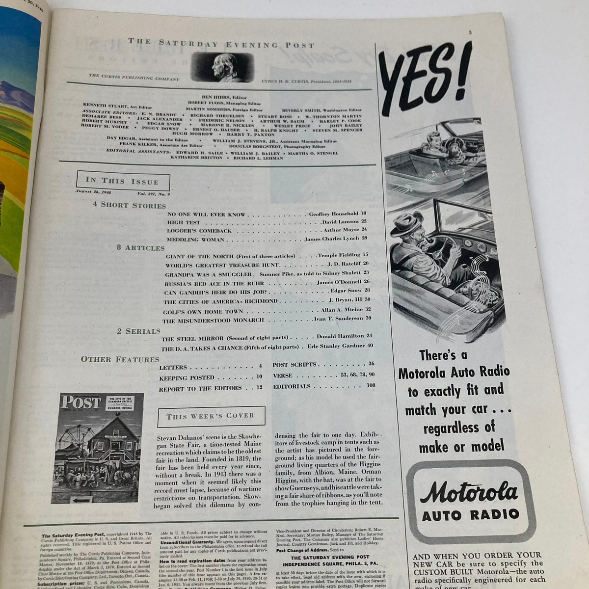 Inside page of the Saturday Evening Post Magazine August 28 1948 displaying the issue's contents, including articles and illustrations related to the post-war era.