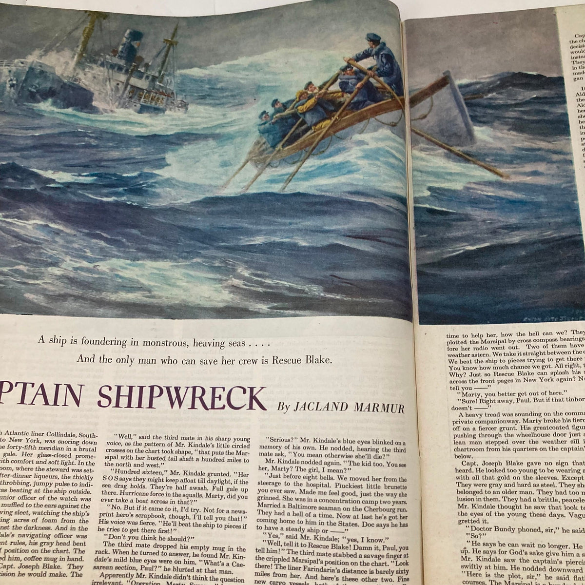 Illustration from 'Captain Shipwreck' in Saturday Evening Post Magazine May 28 1949, depicting a dramatic sea rescue scene.