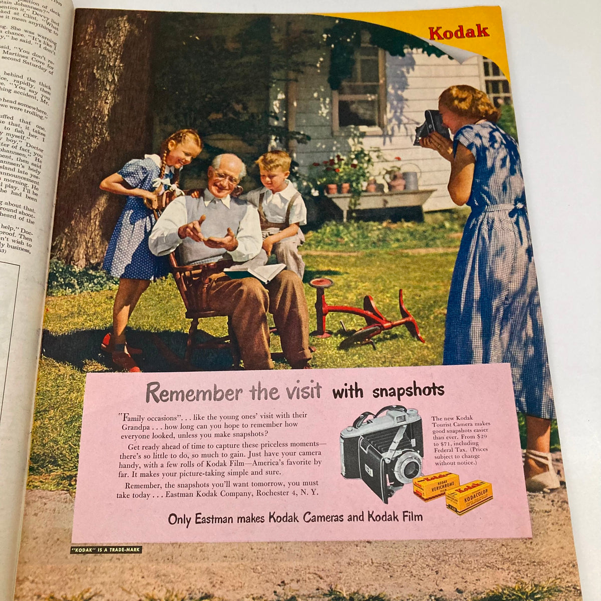 Vintage Kodak advertisement from Saturday Evening Post Magazine May 28 1949, illustrating a family scene emphasizing memories captured through photography.