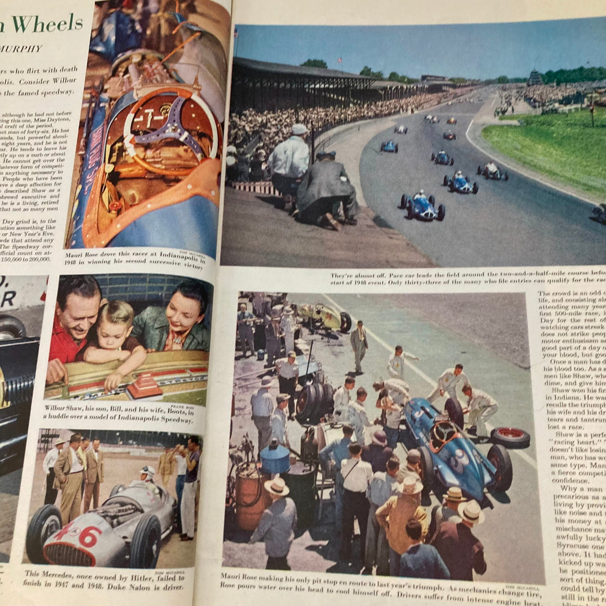 Historical motorsport content from Saturday Evening Post Magazine May 21 1949 depicting Indy 500 race scenes and family enjoyment at the speedway.