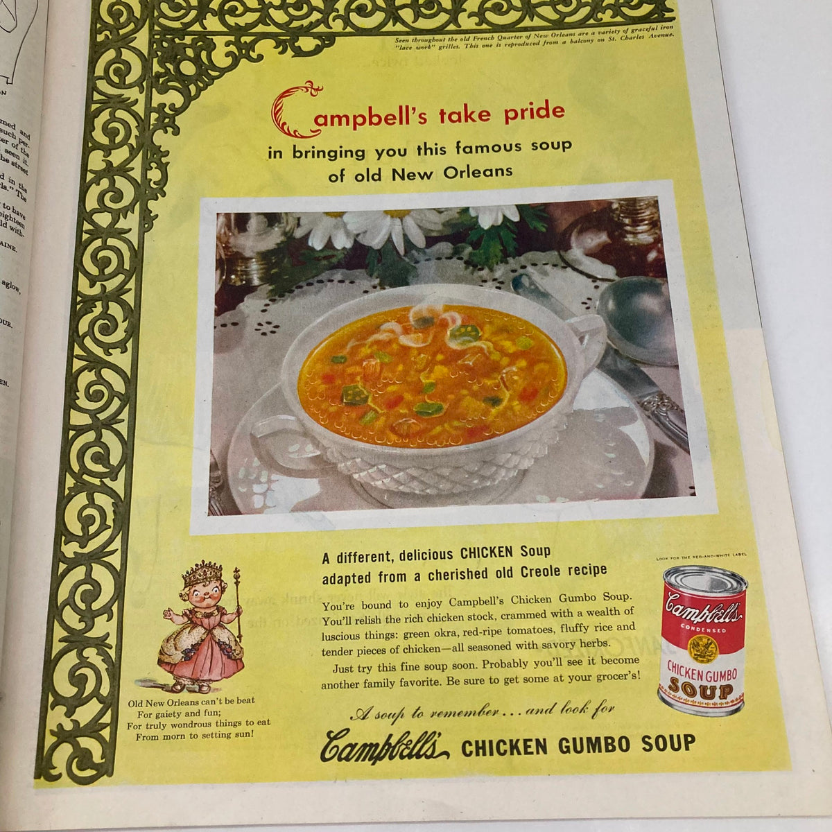 Campbell's Chicken Gumbo Soup advertisement from Saturday Evening Post Magazine May 21 1949 presenting a decorative dish of soup with a festive New Orleans theme.