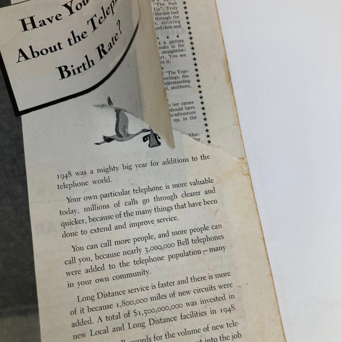 Inside page of Saturday Evening Post Magazine January 8 1949, showing an advertisement with a damaged corner, detailing telephone service advancements in 1948.