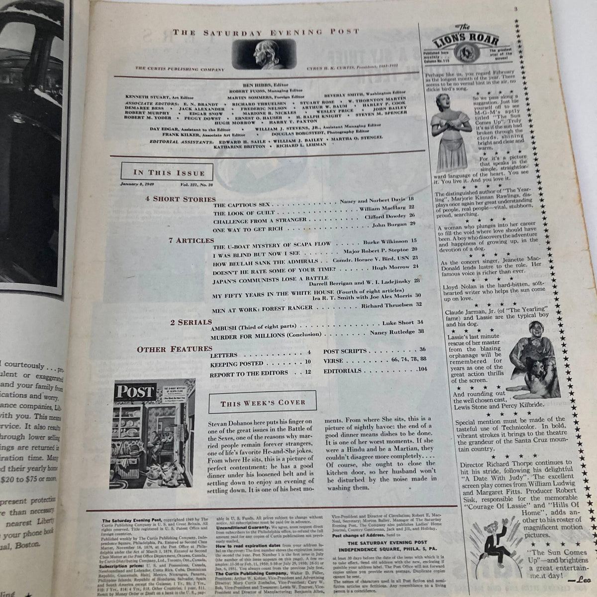 Contents page of Saturday Evening Post Magazine January 8 1949, listing articles and features, including the cover art by Stevan Dohanos.
