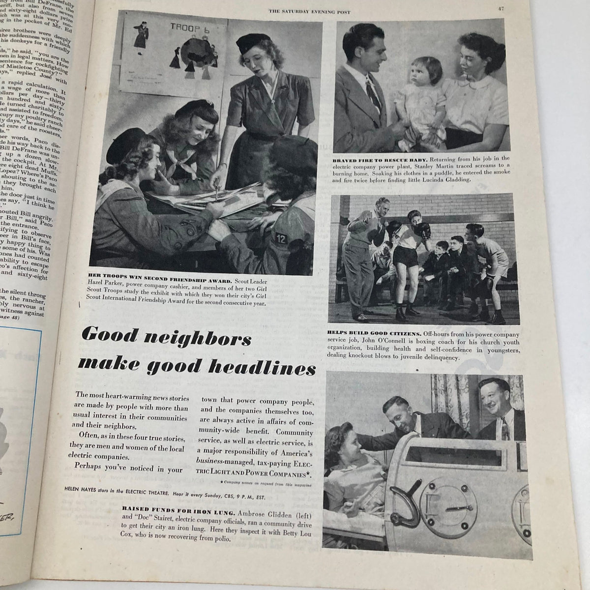 Page from the Saturday Evening Post Magazine January 8 1949 highlighting heartwarming stories of community service with images of Girl Scouts and families emphasizing the theme 'Good neighbors make good headlines'.