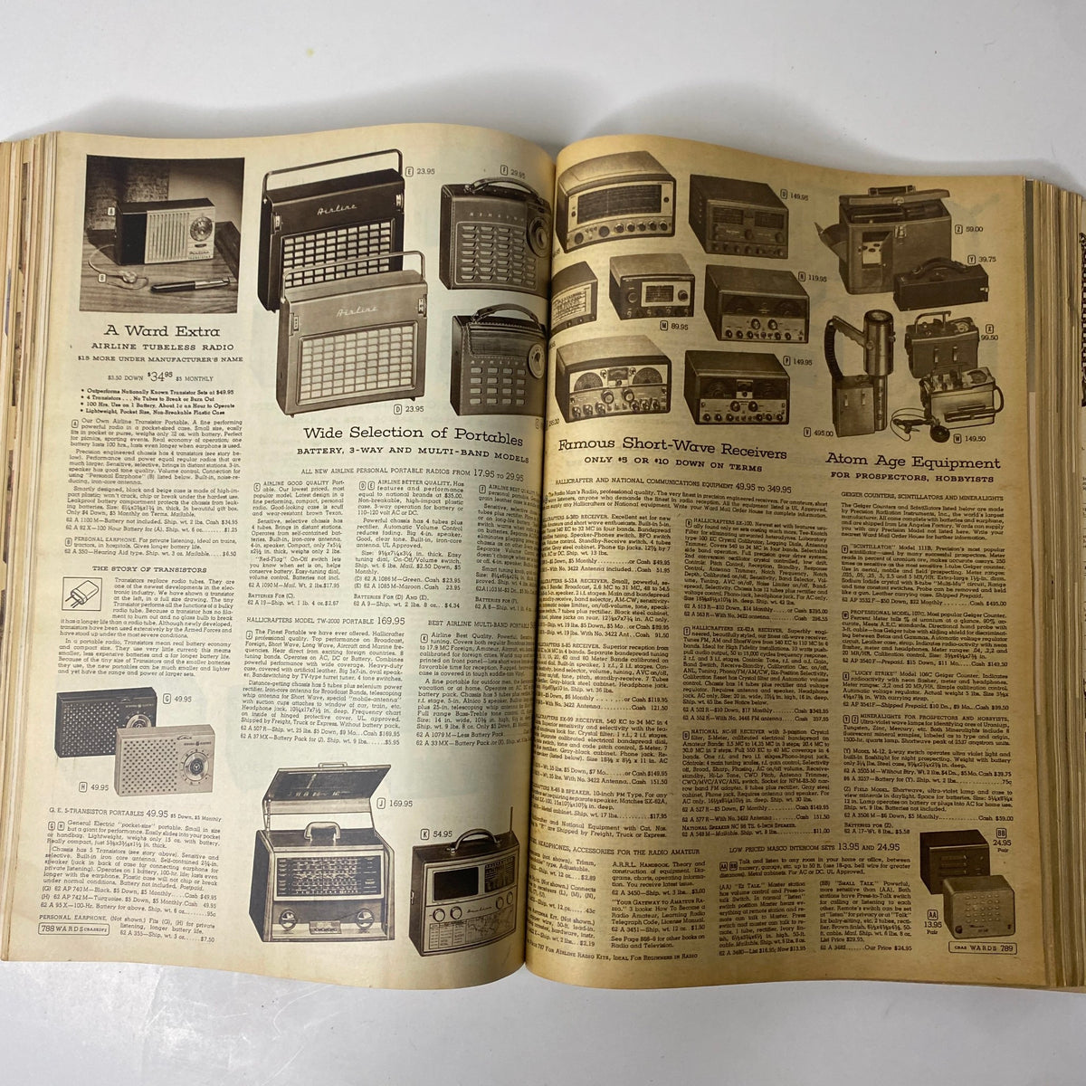 Page from the 1956 - 1957 Montgomery Ward Fall and Winter Catalog featuring a range of portable radios and short-wave receivers, capturing the essence of vintage audio technology.