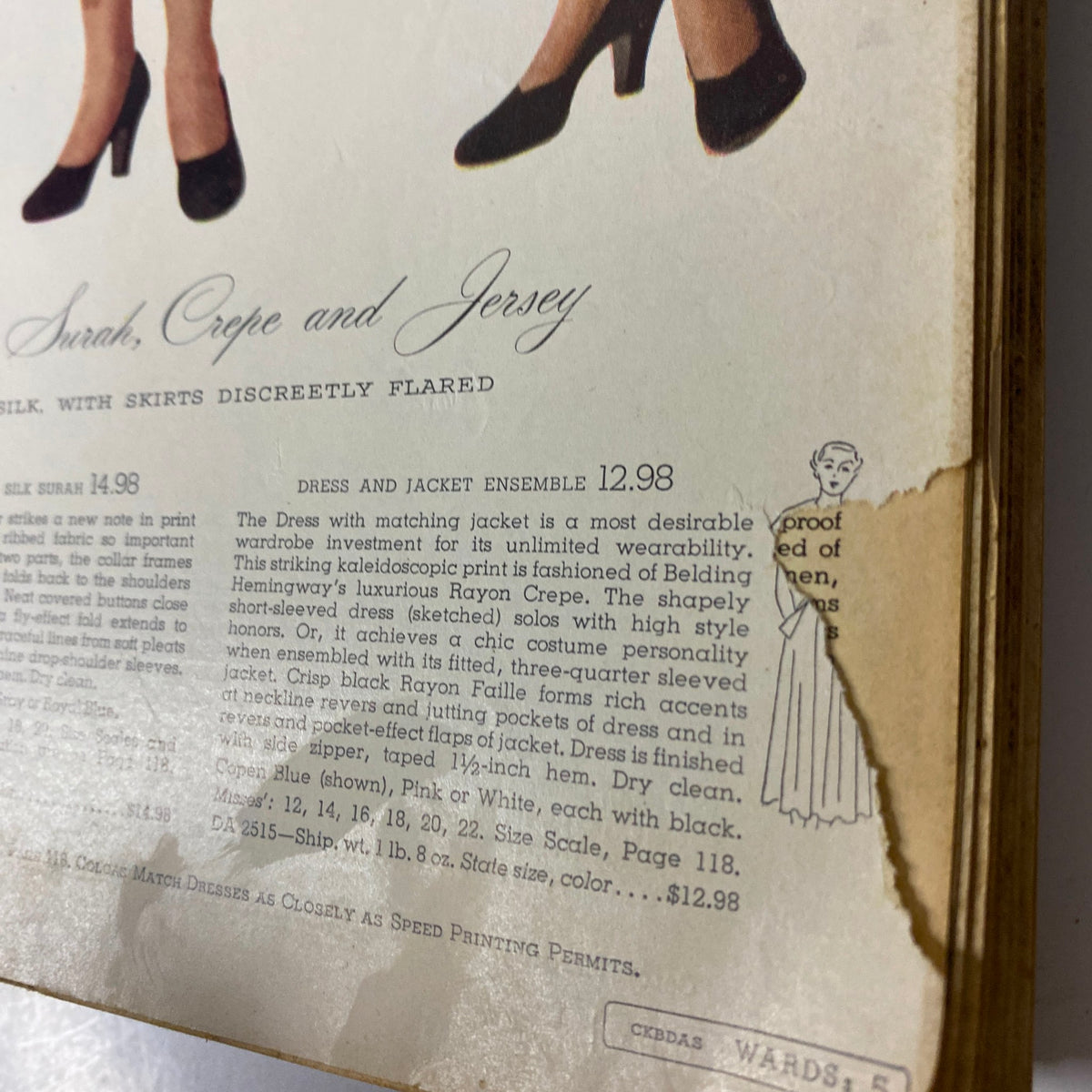 Page from the 1952 Montgomery Ward Albany Spring and Summer Catalog featuring a dress and jacket ensemble with a description and pricing details.