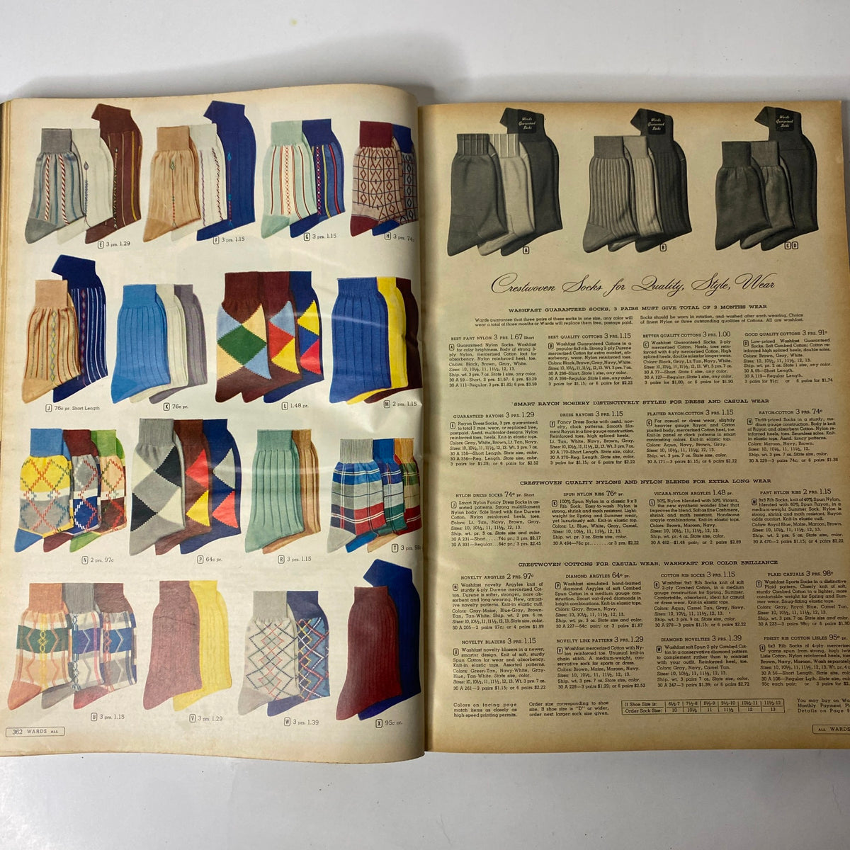 Vintage illustration of colorful socks available in the 1952 Montgomery Ward Albany Spring and Summer Catalog, showcasing various styles and patterns ideal for mid-century fashion enthusiasts.