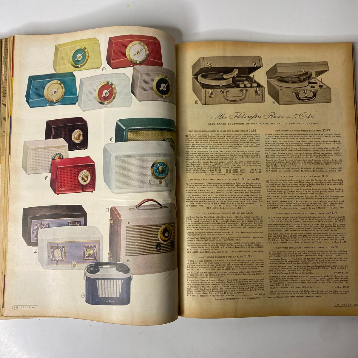 Collection of retro radios and phonographs from the 1952 Montgomery Ward Albany Spring and Summer Catalog, featuring a variety of designs and colors popular in the 1950s.