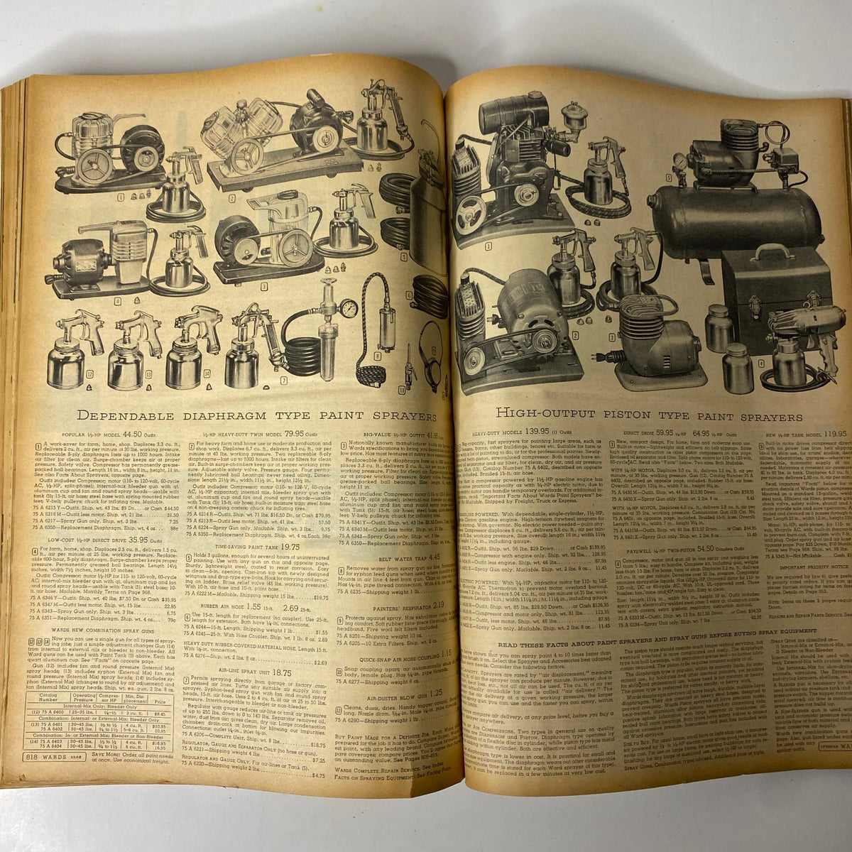 Variety of paint sprayers showcased in the 1952 Montgomery Ward Albany Spring and Summer Catalog, emphasizing tools that reflect the industrial design trends of the mid-20th century.