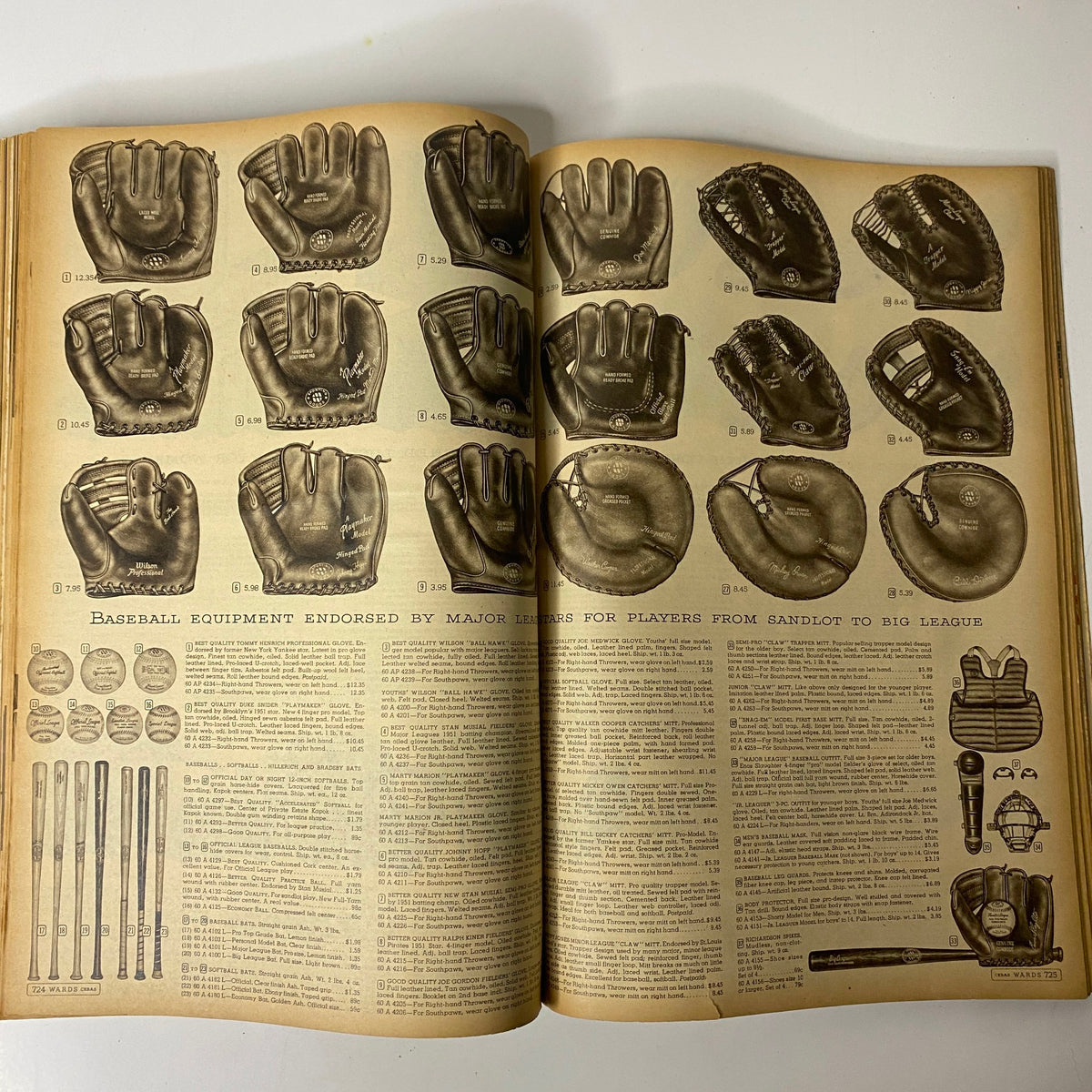 Page from the 1952 Montgomery Ward Albany Spring and Summer Catalog showcasing various baseball gloves with pricing and descriptions, reflecting mid-century sports equipment.