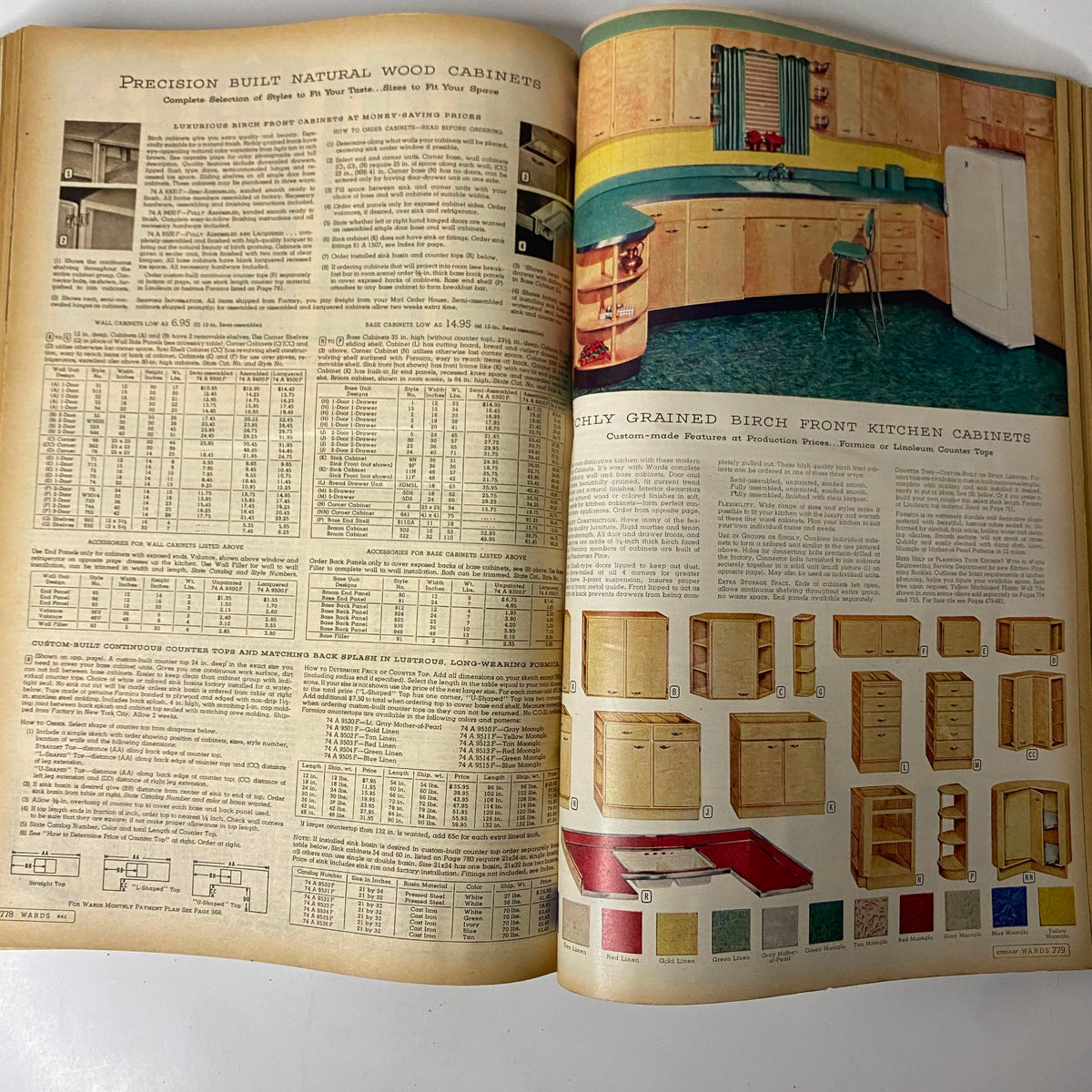 Vintage kitchen cabinets and design options from the 1952 Montgomery Ward Albany Spring and Summer Catalog, showcasing precision-built wood cabinets with pricing and style variety.