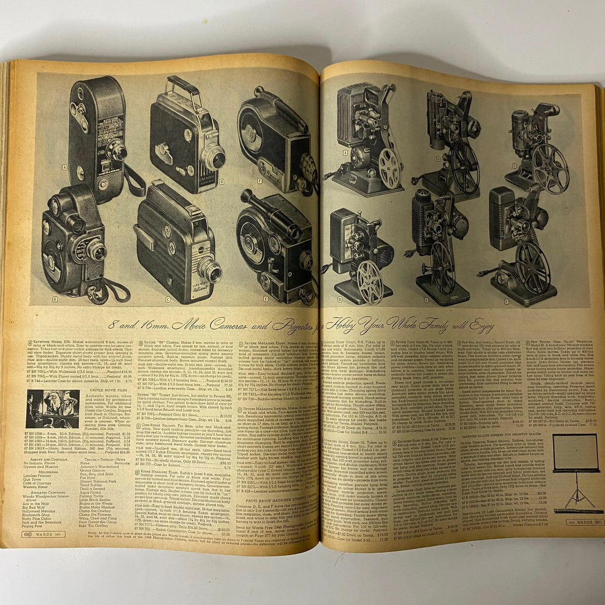 1949-1950 Montgomery Ward Baltimore Fall and Winter Catalog highlighting a variety of 8mm and 16mm cameras and projectors for home entertainment.