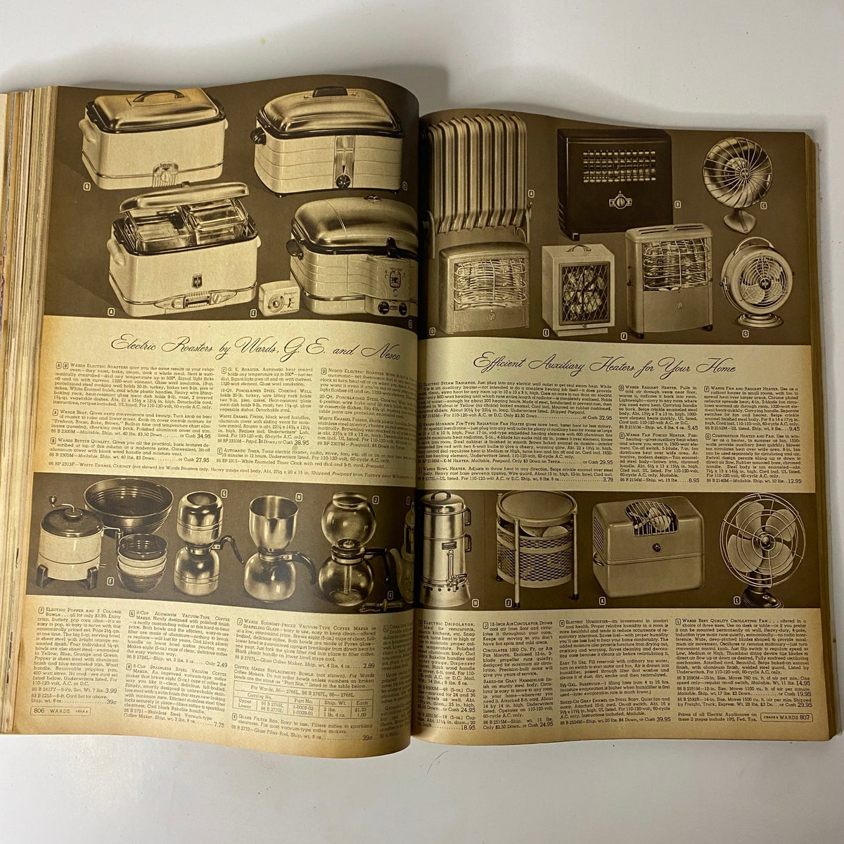 1949-1950 Montgomery Ward Baltimore Fall and Winter Catalog displaying electric appliances including kitchen products and auxiliary heaters for home efficiency.