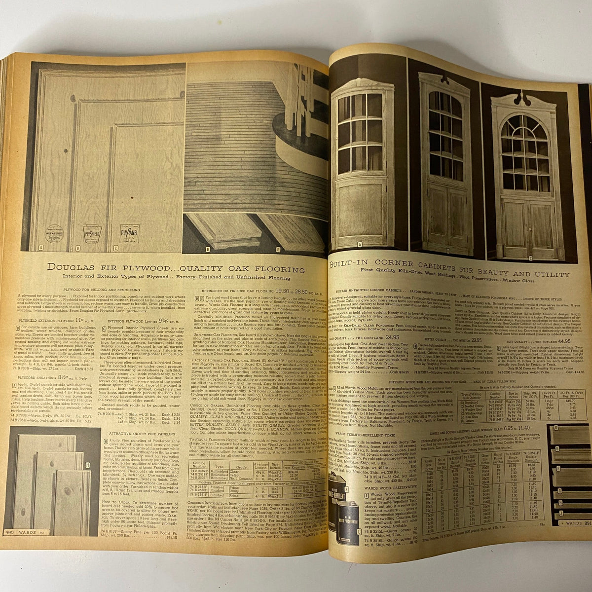 1949-1950 Montgomery Ward Baltimore Fall and Winter Catalog displaying quality plywood flooring and built-in cabinets, representing vintage home improvement solutions.