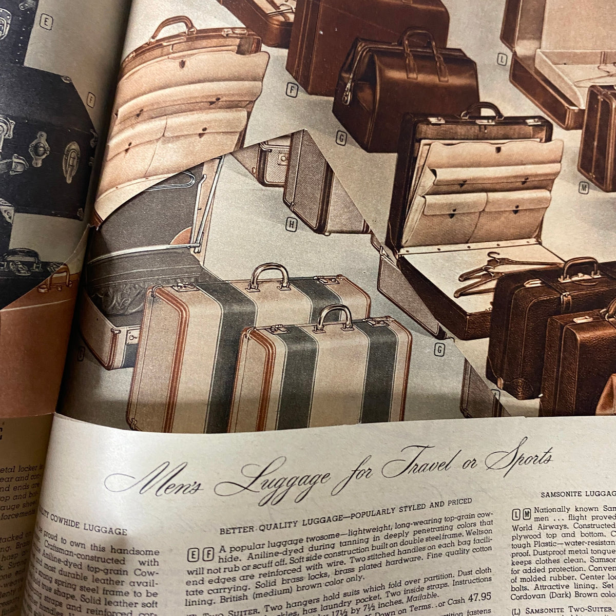 Image from the 1949-1950 Montgomery Ward Baltimore Fall and Winter Catalog showcasing men's luggage, including various styles of suitcases and travel bags designed for travel or sports.