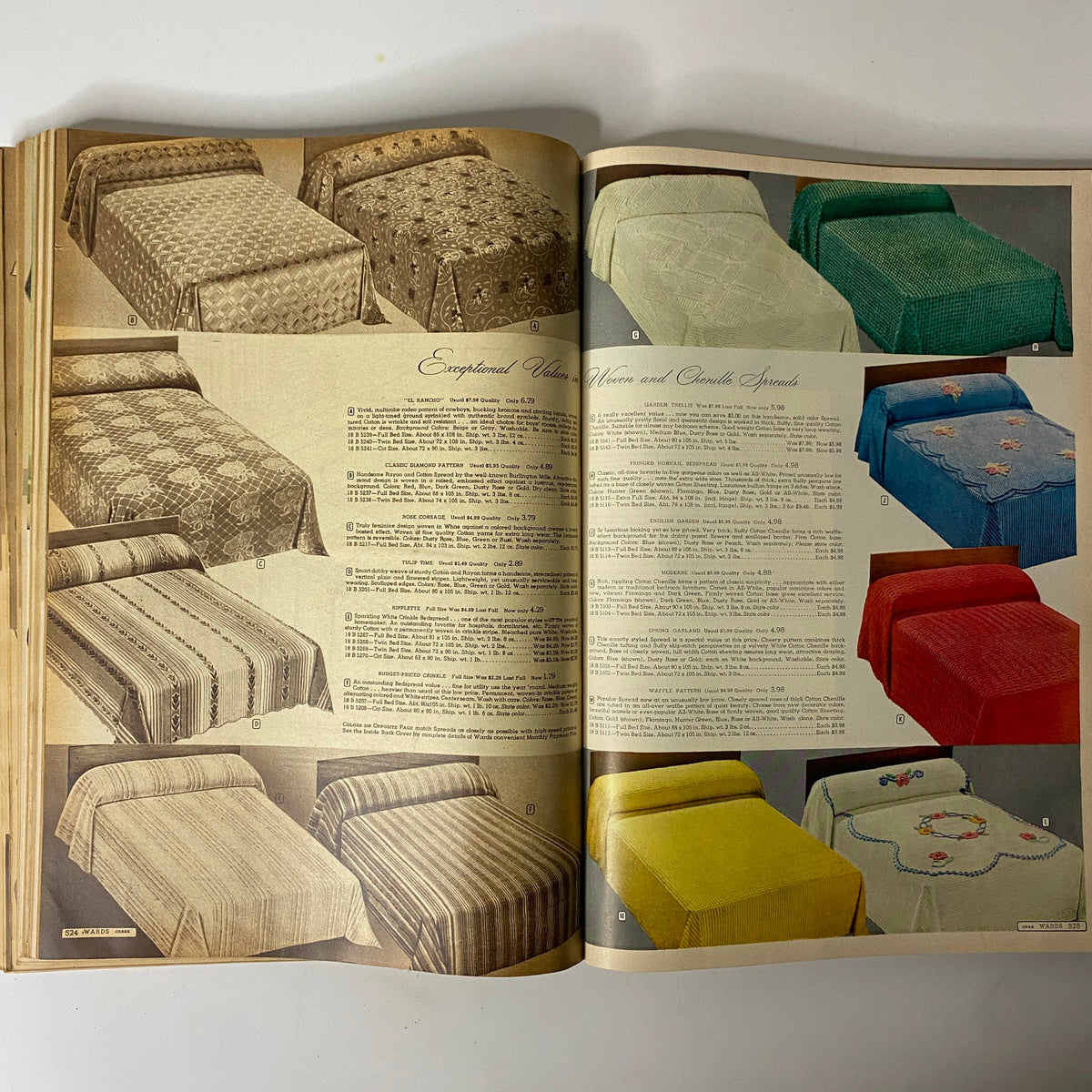 Interior page from the 1949-1950 Montgomery Ward Baltimore Fall and Winter Catalog featuring a collection of woven and chenille bedspreads with detailed descriptions.